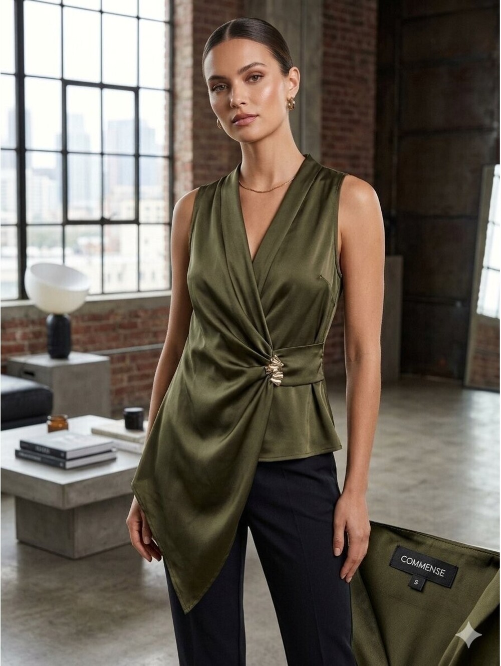 Commense Top Womens Small Olive Green Satin Asymmetric Wrap Surplice Blouse